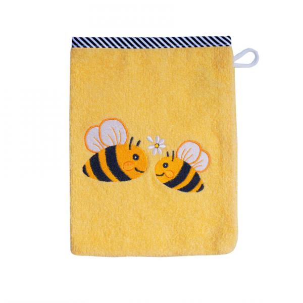 Baby Kapuzen-Badetuch und Waschhandschuh  mit Bienen- Applikation im Geschenkkarton